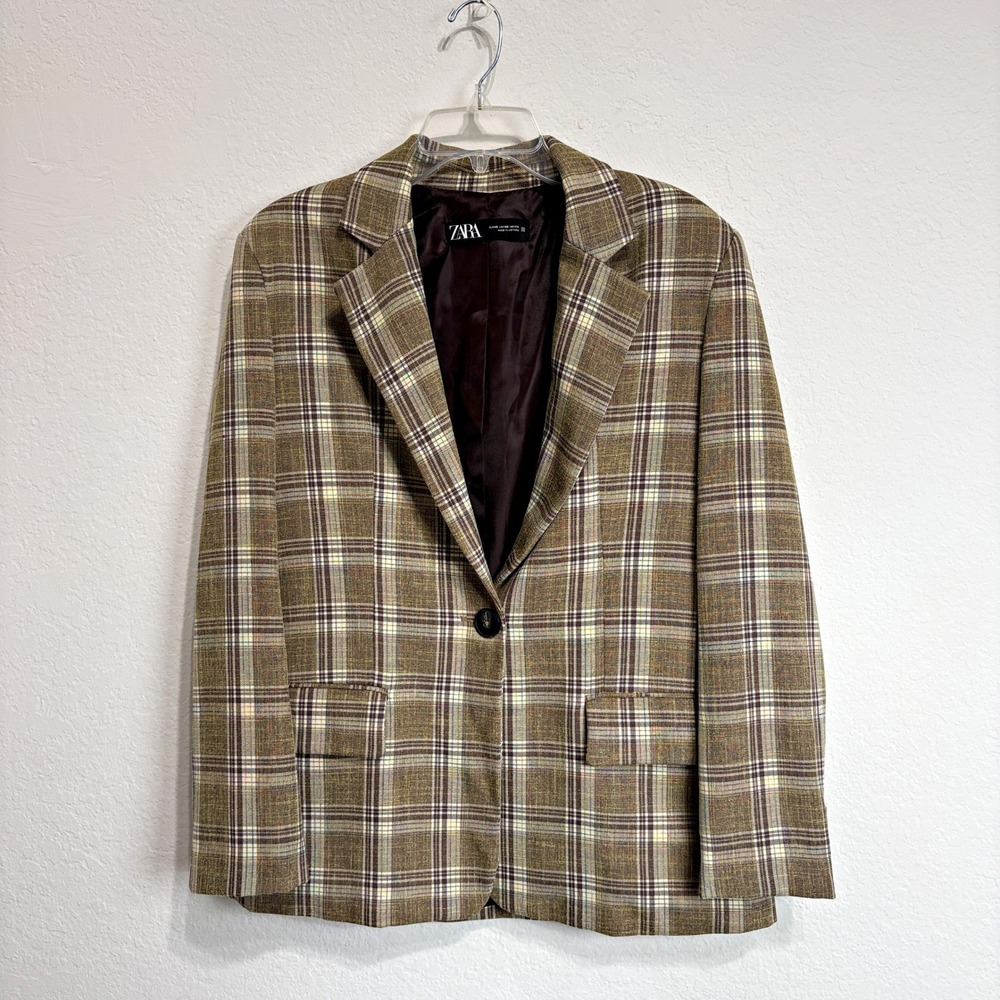 Zara‎ Plaid Oversized Notched Lapel Single Button Blazer Brown Women XS